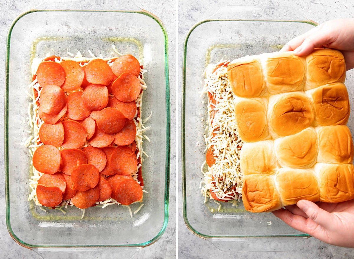 Two photos showing How to Make Pizza Sliders - adding pizza toppings like pepperoni and cheese and topping with Hawaiian rolls.