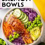 Easy Salmon Rice Bowl Recipe short Pinterest image.