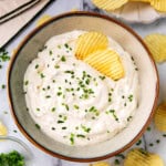 Sour cream and onion dip is a thick and creamy appetizer dip made with sour cream, mayonnaise, and onion