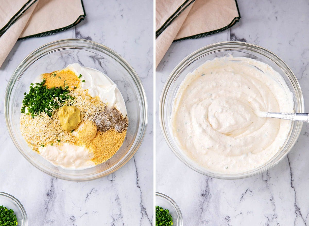 Two photos showing How to make Sour Cream and Onion Dip - stirring together mayonnaise, sour cream, minced onion, dried onion, and seasonings.