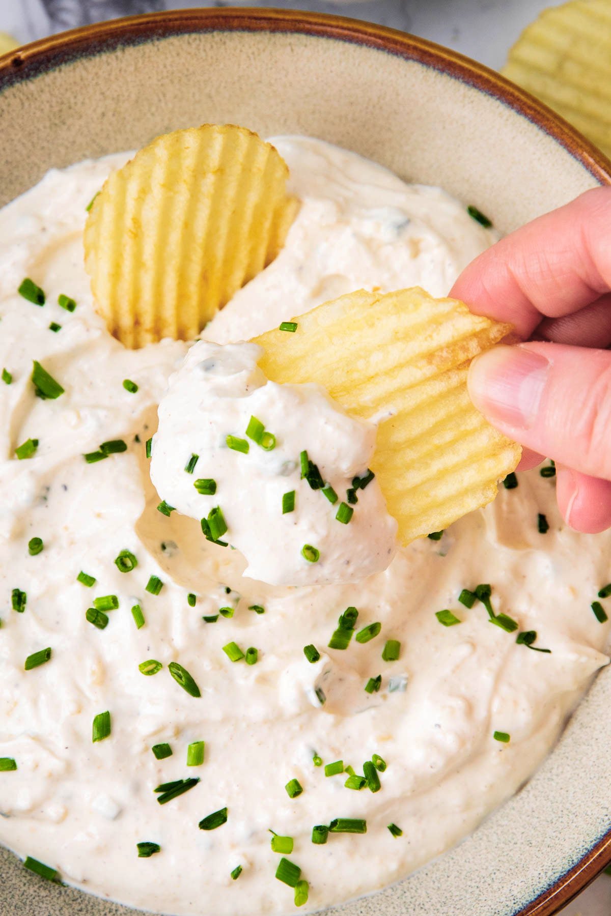Close up of dipping a potato chip into this thick and creamy sour cream and onion dip in an appetizer bowl.