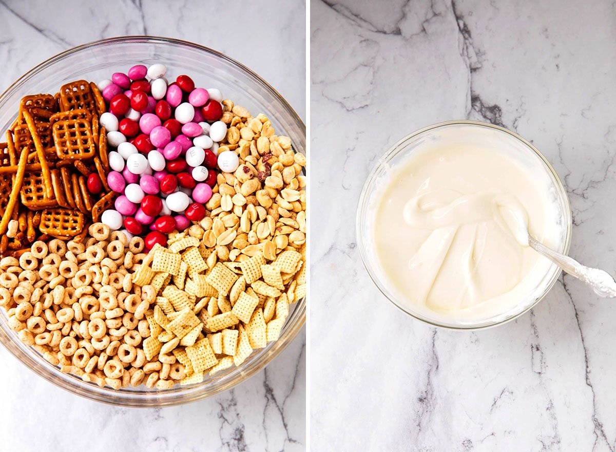 Two photos showing How to Make Valentines Chex Mix - melted white chocolate coating and dry cereal mix in a mixing bowl.