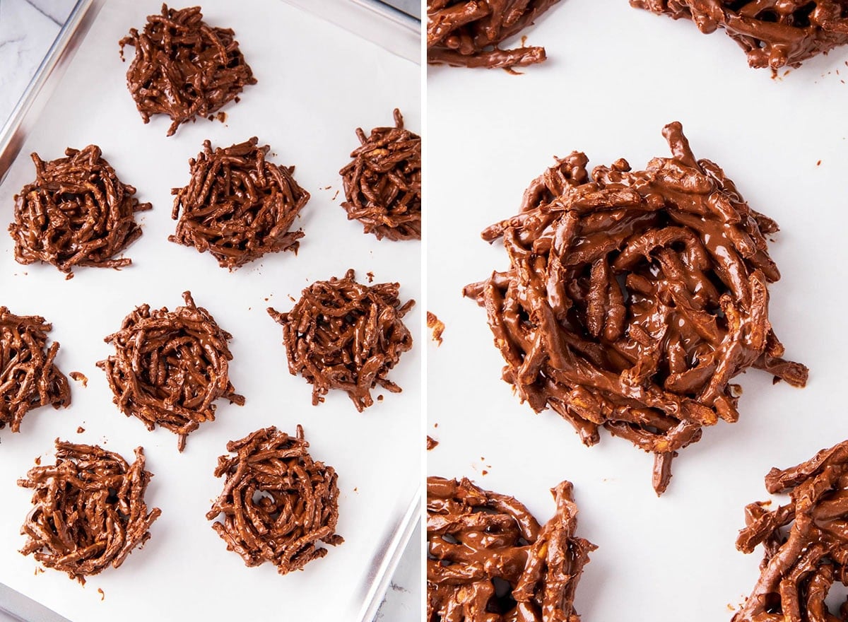 Two photos show How to Make Birds Nest Cookies - cookies are formed into birds nests shapes with an indent in the center for the Easter eggs.