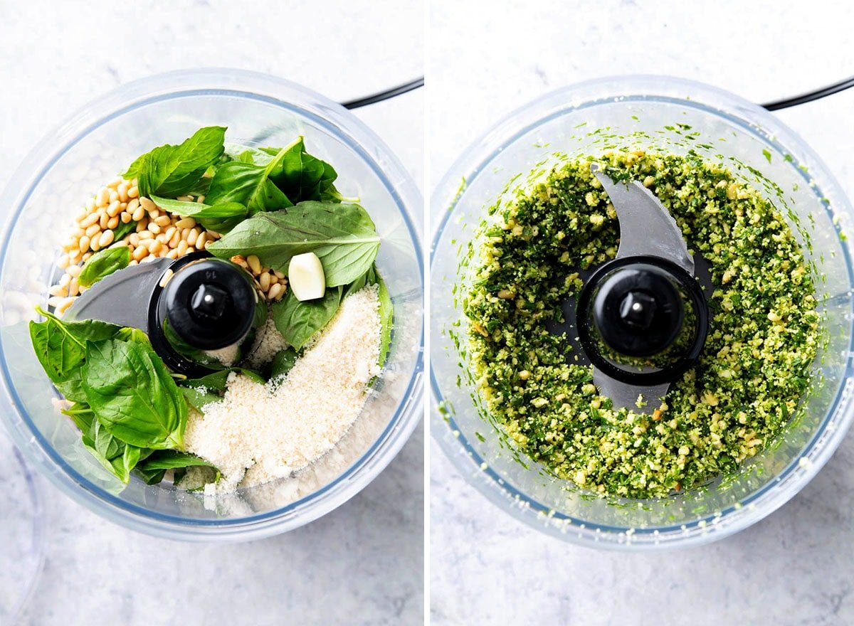 Two photos showing How to Make Pesto Sauce - adding basil, pine nuts, parmesan, salt and pepper to a food processor or mortar and pestle.