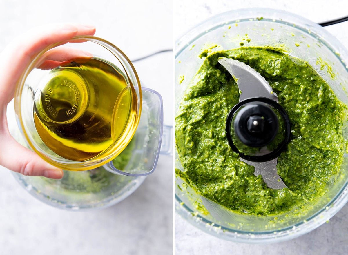 Two photos showing How to Make Pesto Sauce - adding extra virgin olive oil and blending until creamy.