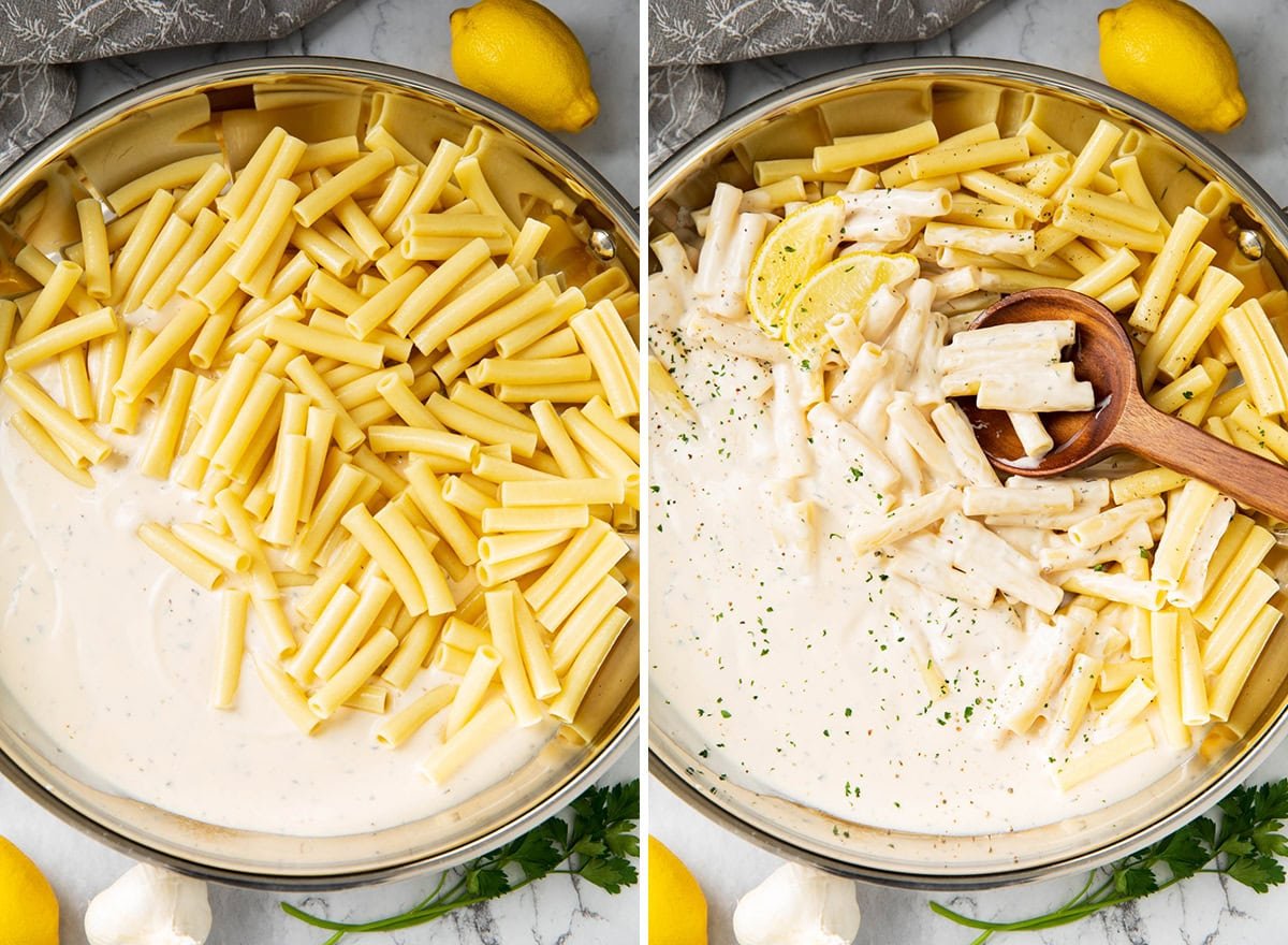 Two photos showing How to Make Chicken Garlic Parmesan Pasta - stirring chicken, pasta, and sauce in a skillet.