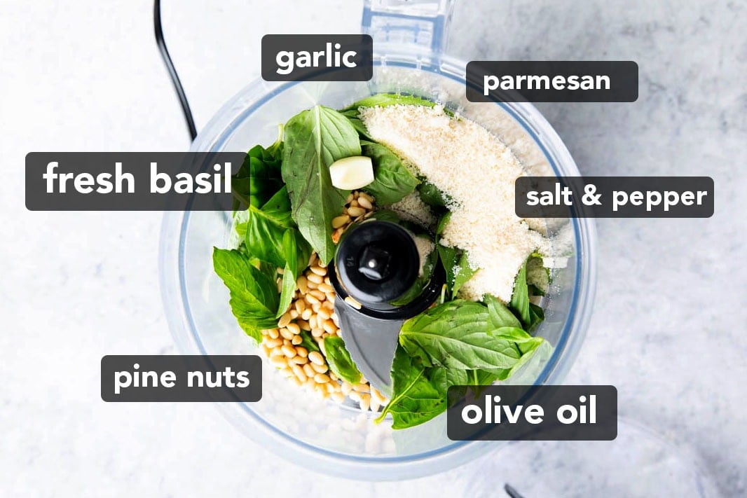 The ingredients for this pesto homemade recipe include basil, olive oil, parmesan, pine nuts, salt and pepper.