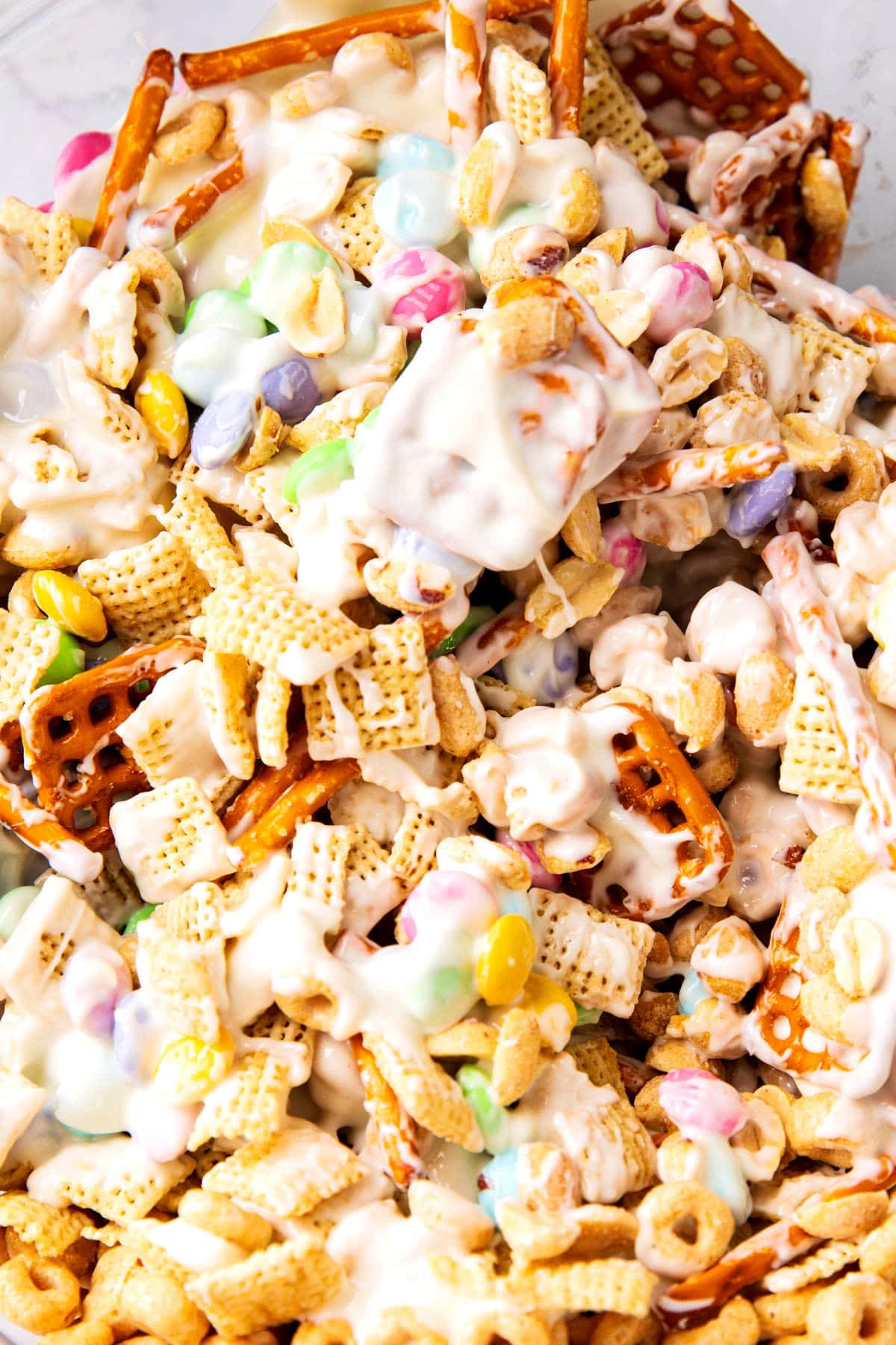 Close up of generous white chocolate coating on this Easter bunny bait recipe.