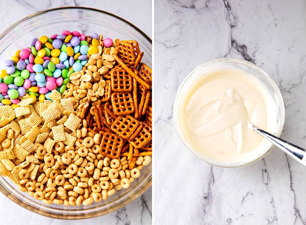Two photos showing How to Make Bunny Bait - dry snack mix in a bowl and melted white chocolate coating in another bowl.