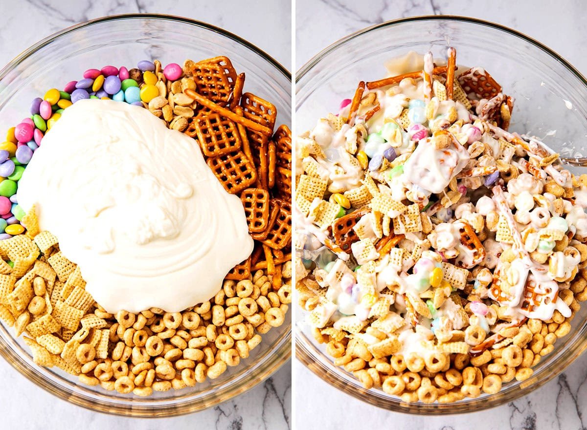 Two photos showing How to Make Bunny Bait for the Easter Bunny - melted white chocolate over dry snack mix and stirred until completely coated.