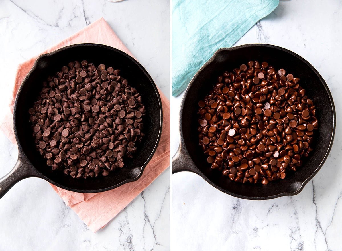 Two photos showing How to make Easter Dip - before and after chocolate chips baked in a mini skillet and melted.