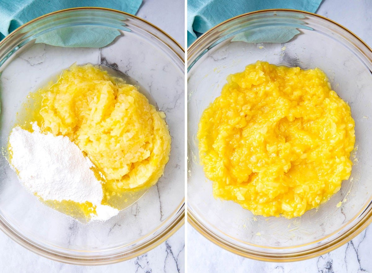 Two photos showing How to Make Pineapple Fluff - stirring Jello vanilla instant pudding with pineapple juice to make this dessert base.