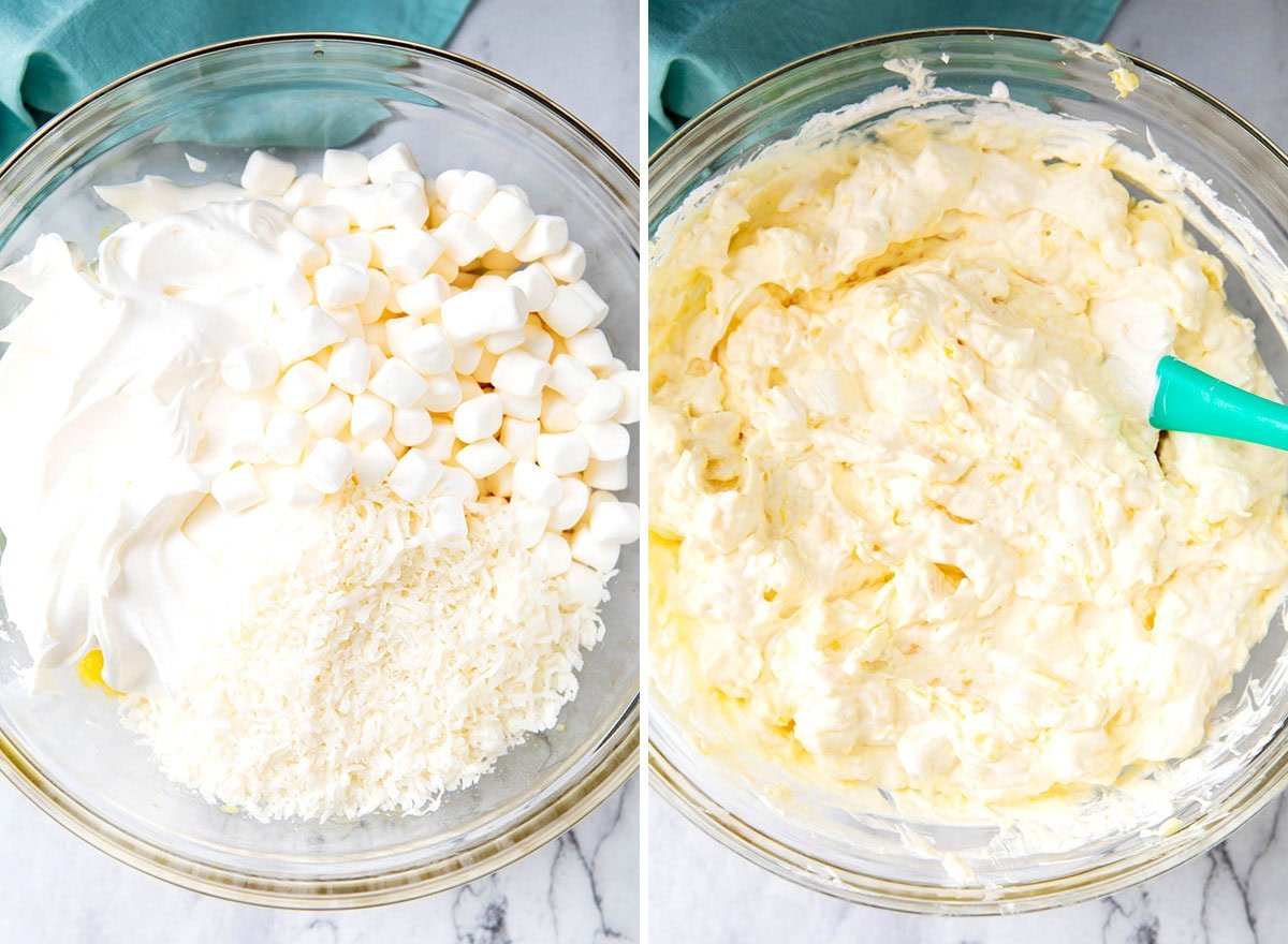 Two photos showing how to make pineapple fluff salad - stirring marshmallows, coconut and Cool Whip with pineapple vanilla pudding.