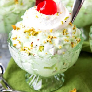 Close up of Pistachio Fluff recipe with pineapple served is fluffy and creamy for a no bake dessert