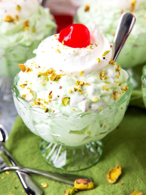 Close up of Pistachio Fluff recipe with pineapple served is fluffy and creamy for a no bake dessert