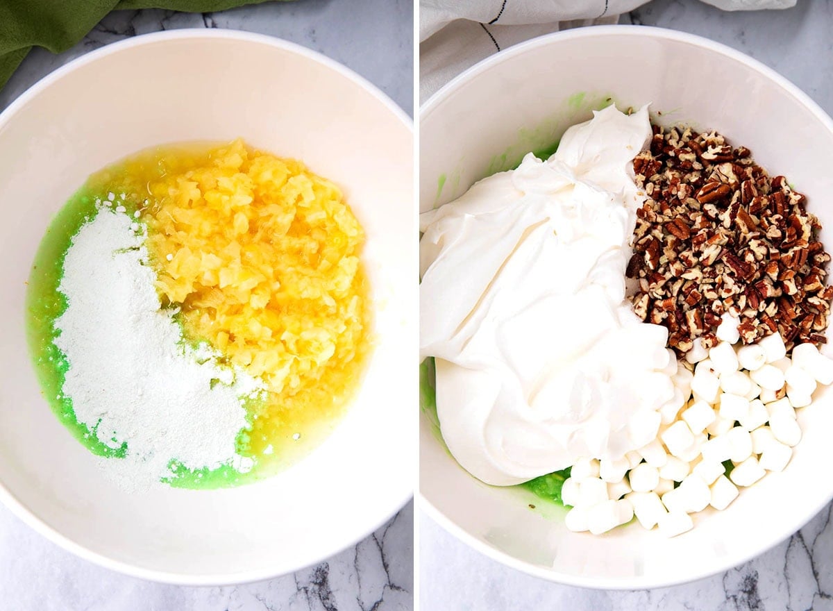Two photos show How to Make Watergate Salad recipe - combining pistachio pudding mix with pineapple juice, Cool whip, marshmallows, and pecans.