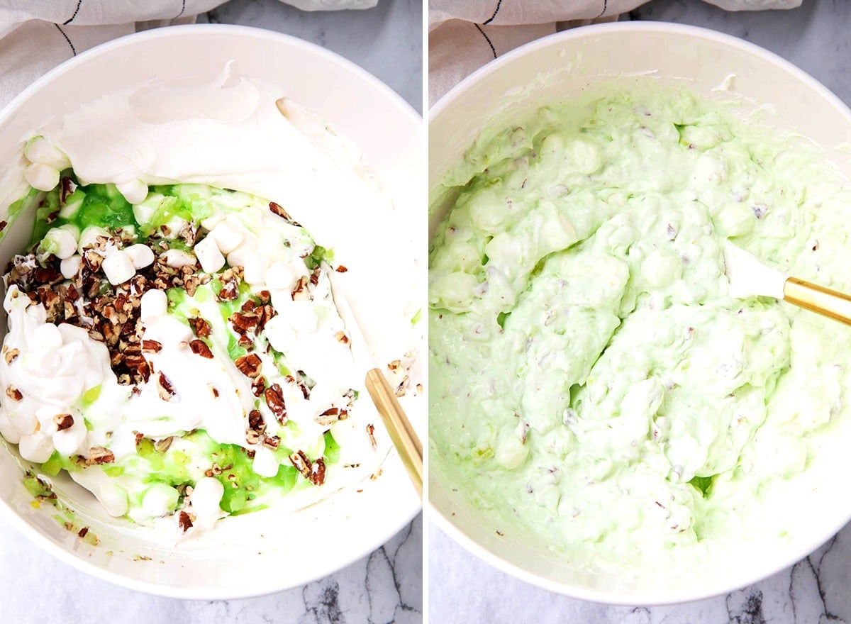 Two photos showing How to Make Pistachio Fluff Dessert Salad - folding Cool whip and Jello pistachio pudding to make this original recipe.