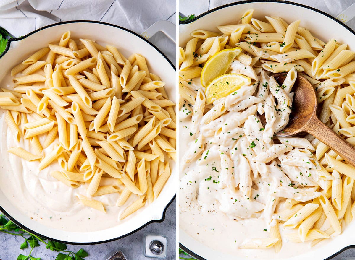 Two photos showing How to Make Alfredo Penne Pasta - adding penne pasta to pan with Alfredo sauce and stirring to coat.
