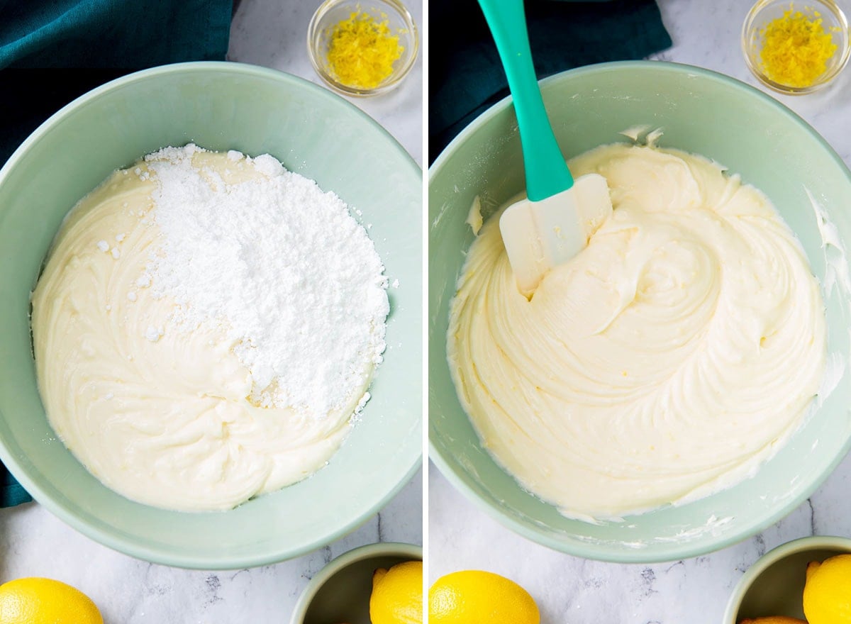Two photos showing How to Make Lemon Cream Cheese Frosting - Powdered sugar, cream cheese, and butter beaten together with a hand mixer.