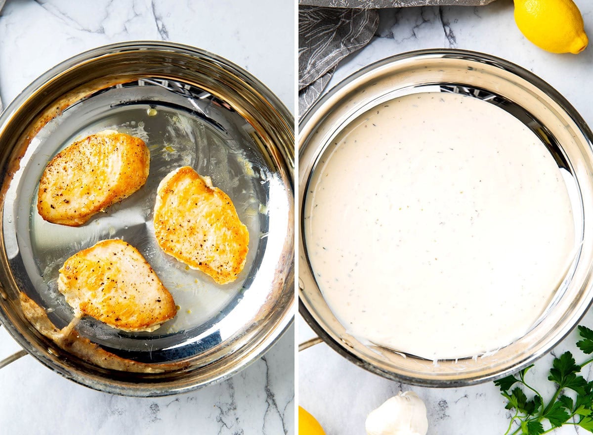 Two photos showing How to Make Garlic Parmesan Chicken - pan seared chicken breasts and homemade garlic parmesan sauce in the same skillet.
