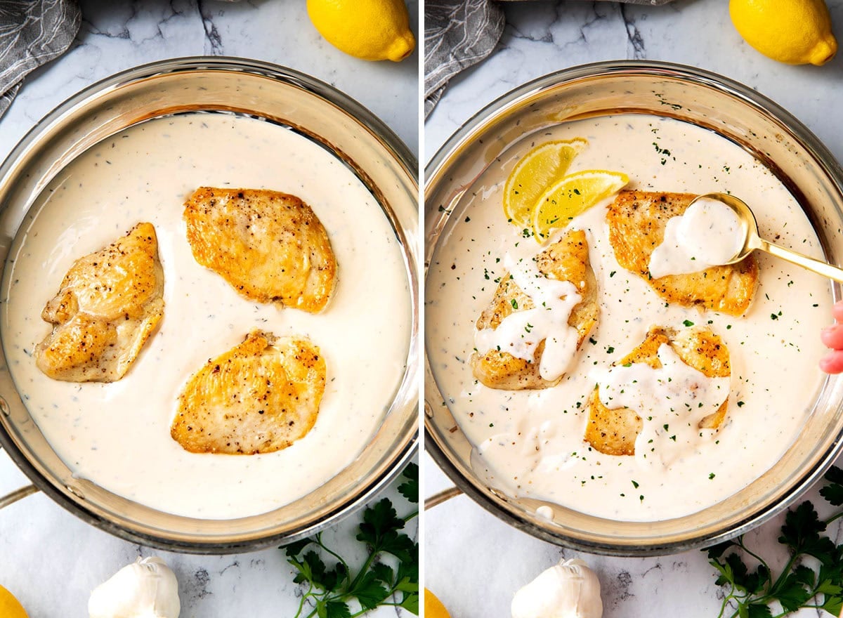 Two photos showing How to Make Garlic Parmesan Chicken - place chicken into sauce and spoon sauce over chicken to complete the recipe.