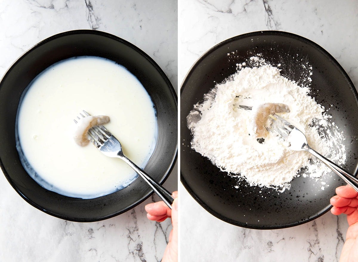 Two photos showing How to Make Crispy Fried Shrimp - dip shrimp in buttermilk and cornstarch.