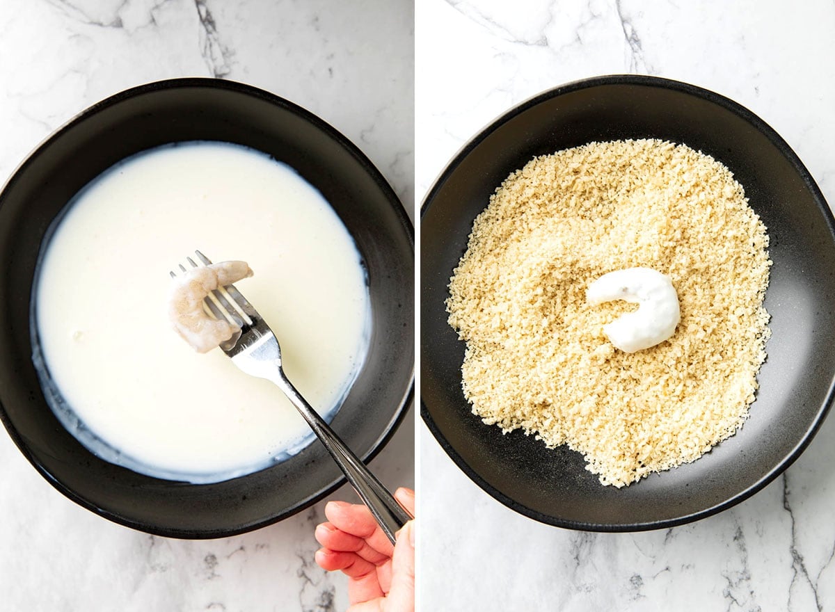 Two photos showing How to Make Crispy Fried Shrimp - dip shrimp back into buttermilk and then into Panko bread crumbs.
