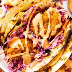 Panko shrimp tacos stuffed with crispy fried shrimp, cilantro lime slaw, and spicy mayo wrapped in fire grilled tortillas