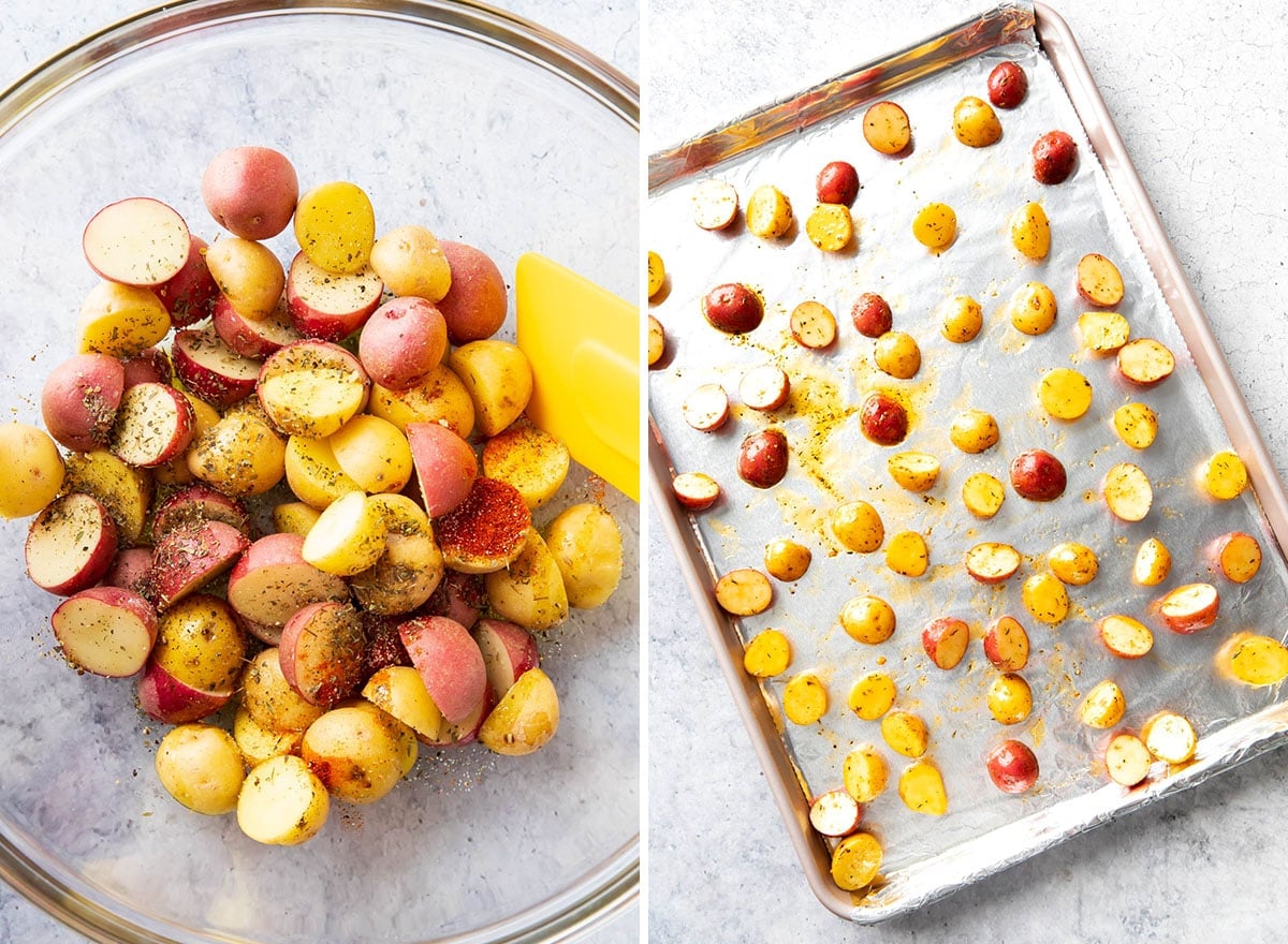 Two photos showing How to Make Roasted Potatoes and Green Beans - Seasoning potatoes and placing on baking sheet.