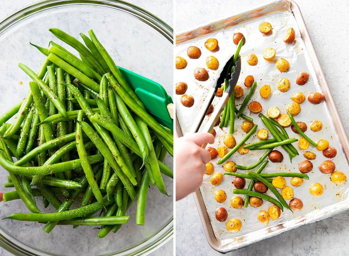 Two photos showing How to Make Roasted Potatoes and Green Beans - Seasoning green beans and placing over potatoes on baking sheet.