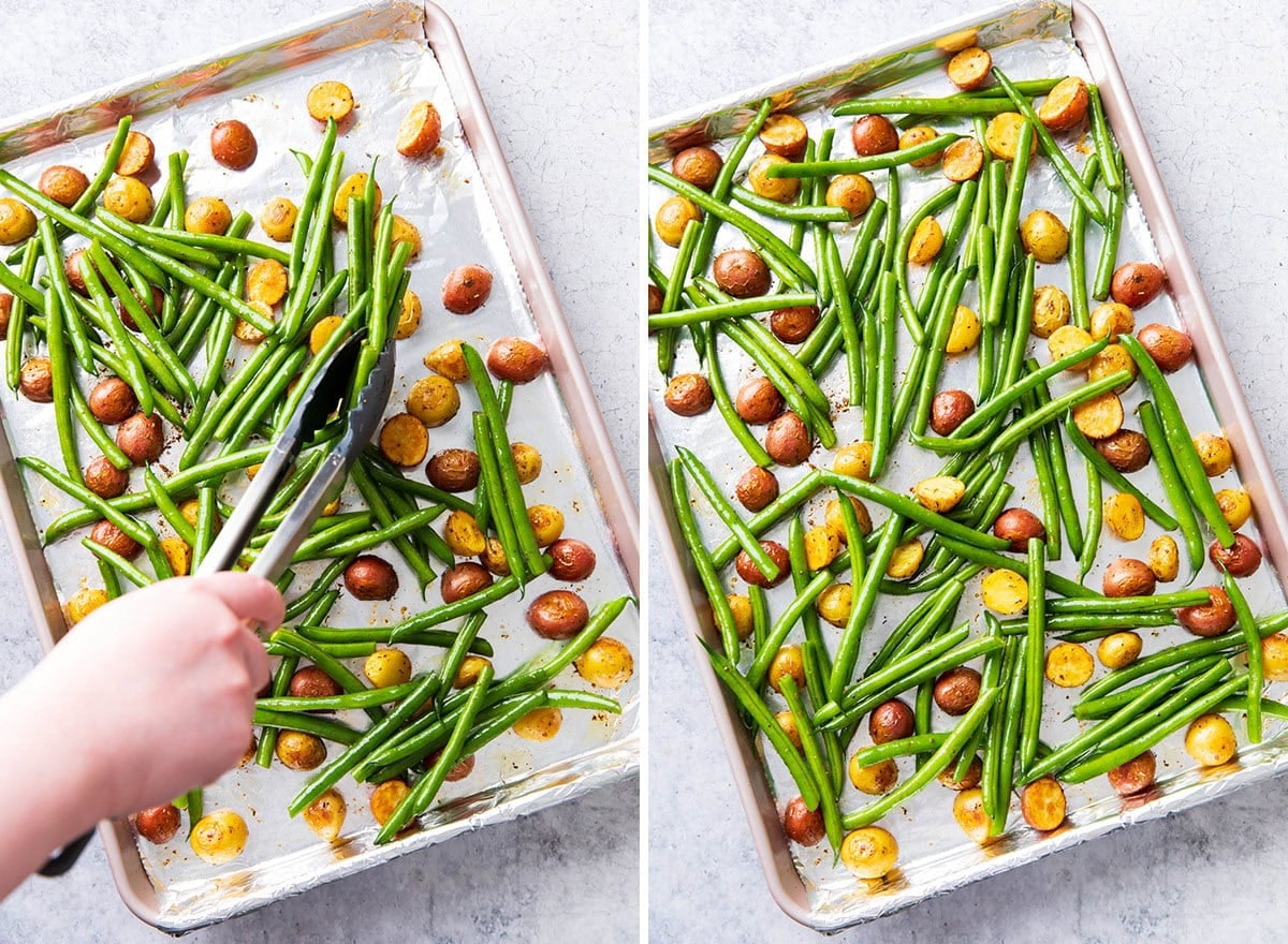 Two photos showing How to Make Roasted Potatoes and Green Beans -  Fully spread out green beans between roasted potatoes.