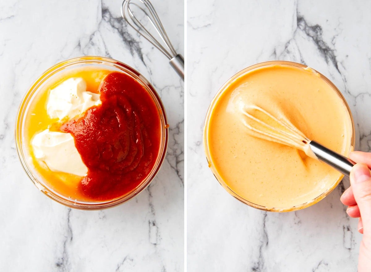 Two photos showing How to Make Sriracha Mayo - whisk together sriracha, mayonnaise, and lemon juice.