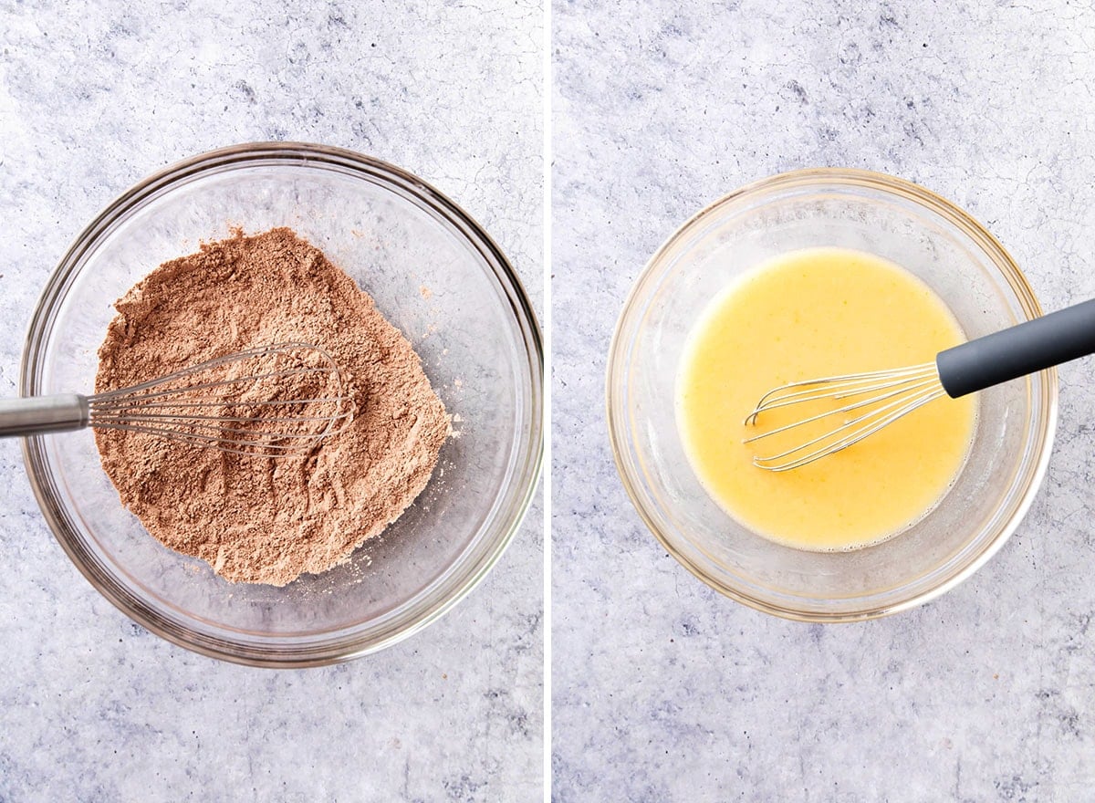 Two photos showing how to Make Peanut Butter Cup Chocolate Cupcakes - whisking together the wet and dry ingredients.