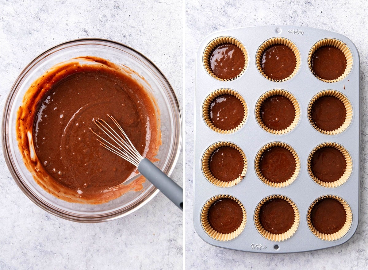 Two photos showing How to Make Chocolate Cupcakes with Peanut Butter Cups - whisking the cupcake batter and filling a cupcake pan with it.