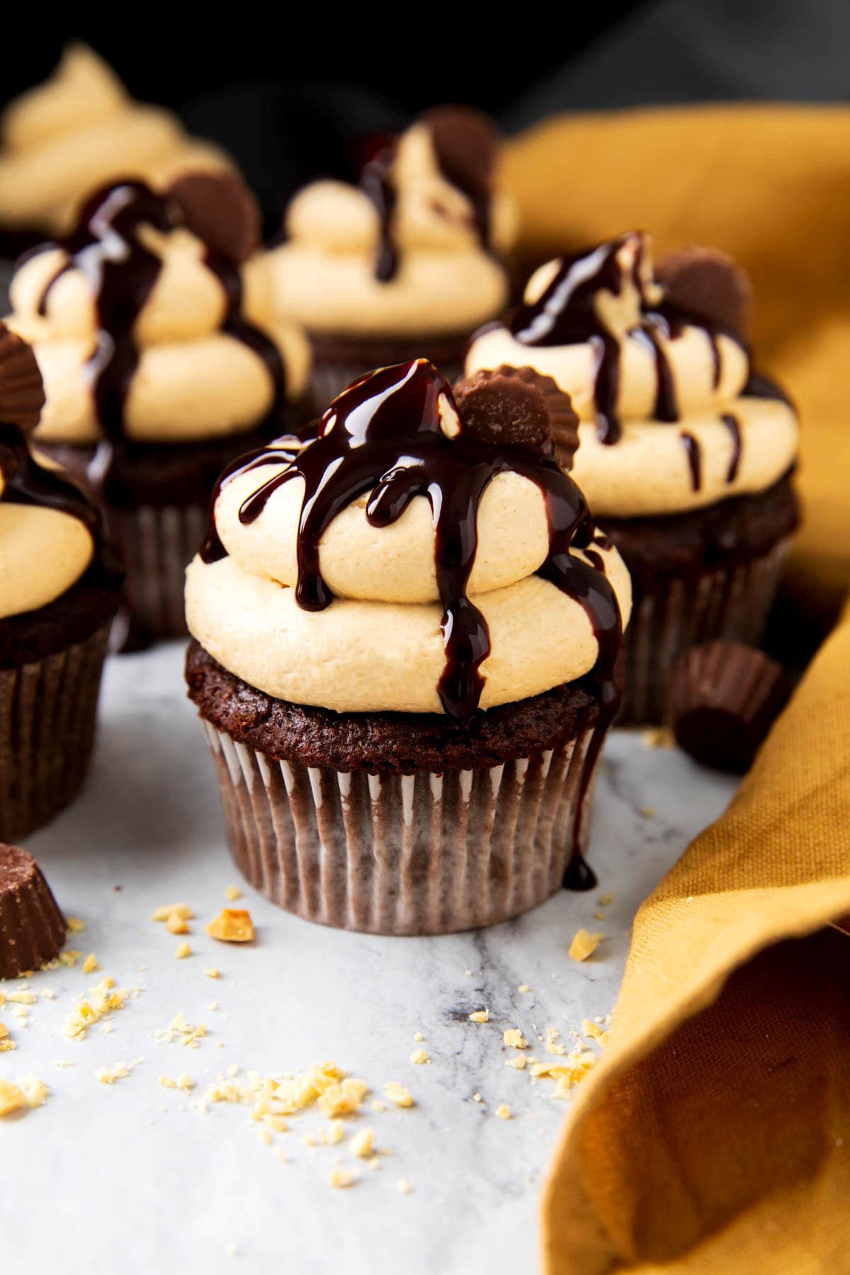 Chocolate peanut butter cupcakes topped with peanut butter frosting and peanut butter cups.