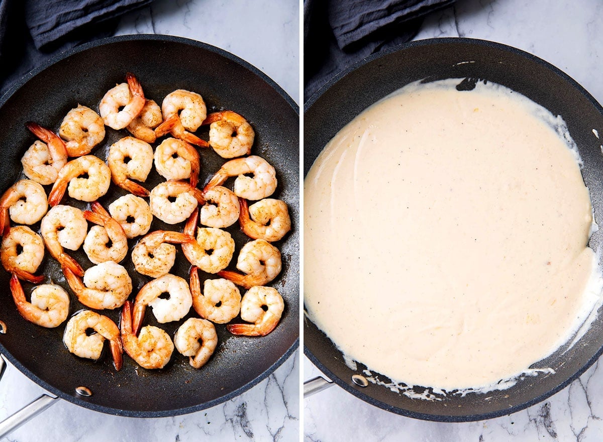 Two photos showing How to Make Shrimp Fettuccine Alfredo Olive Garden style - pan sear shrimp and make Alfredo sauce from scratch.