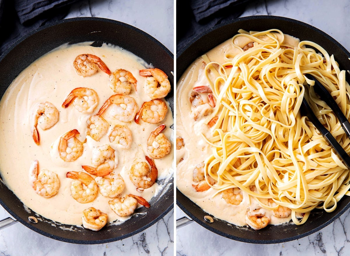 Two photos showing How to Make Olive Garden Shrimp Alfredo Pasta - tossing shrimp and fettuccine pasta in Alfredo sauce.