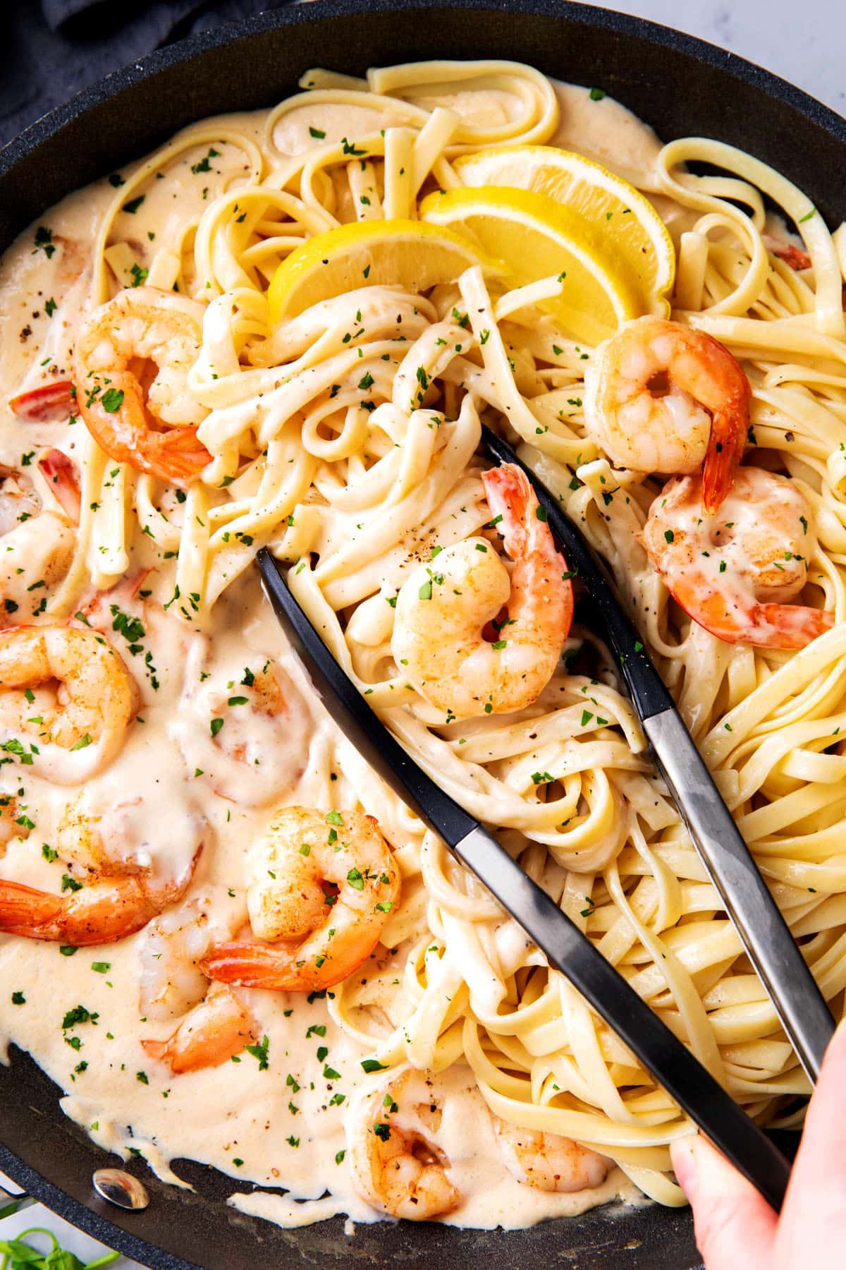 Someone using tongs to grab garlic shrimp Alfredo pasta recipe with fettuccine pasta, shrimp, and Parmesan and butter-based sauce.