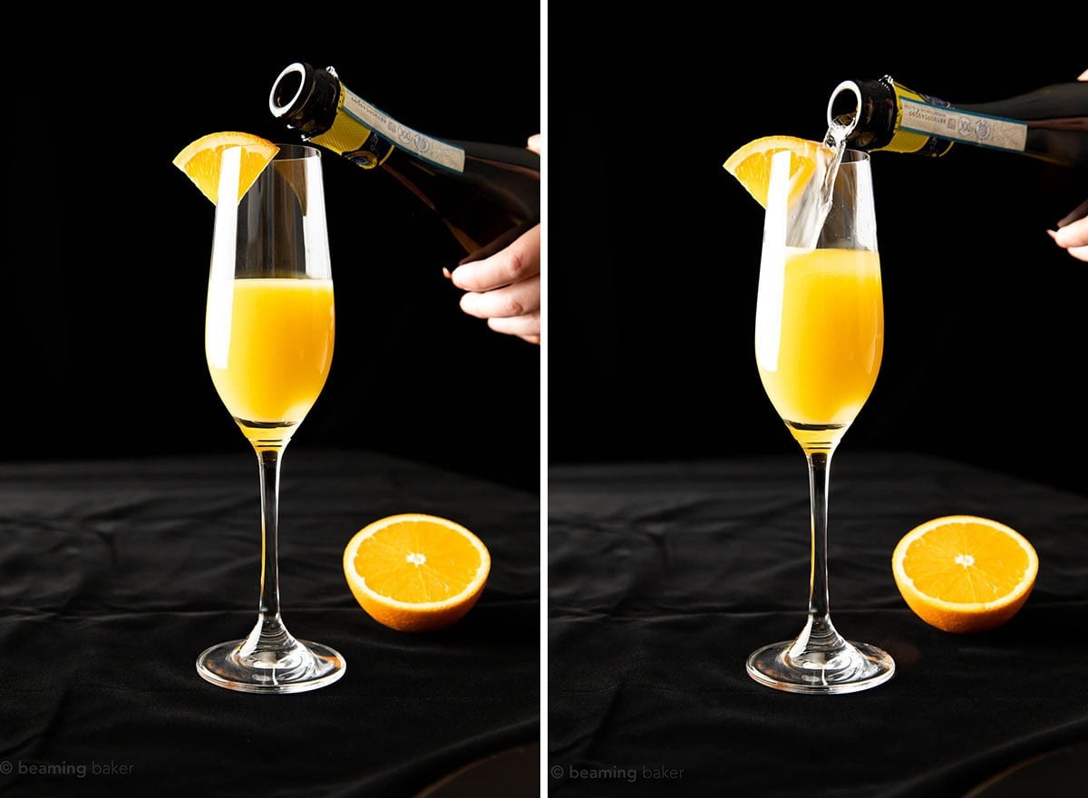 Two photos showing How to Make a Mimosa - filling a champagne flute with orange juice and Prosecco or sparkling wine.