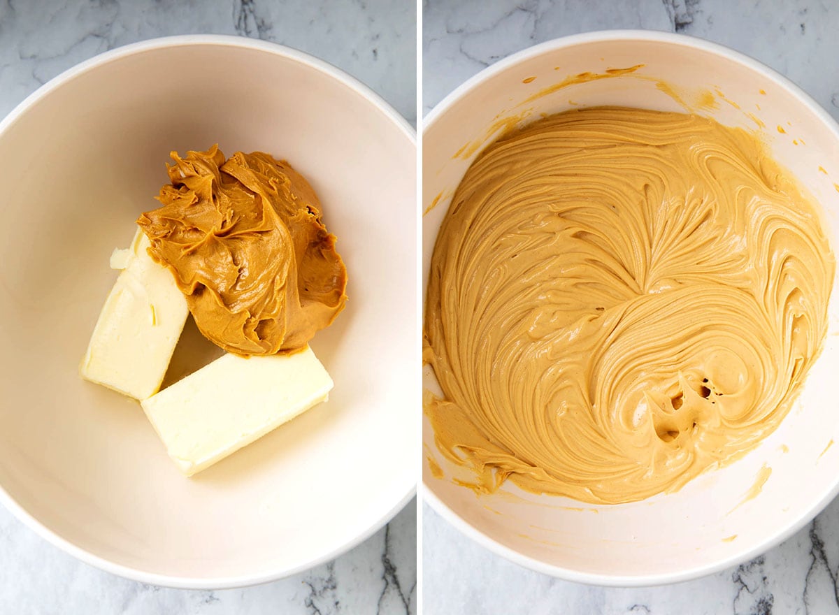 Two photos showing How to Make Old Fashioned Peanut Butter Frosting - beating butter and peanut butter together until smooth.