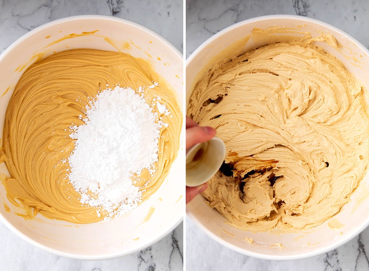 Two photos showing How to Make Peanut Butter Frosting for Brownies - mixing confectioners sugar and vanilla into peanut butter and butter base.