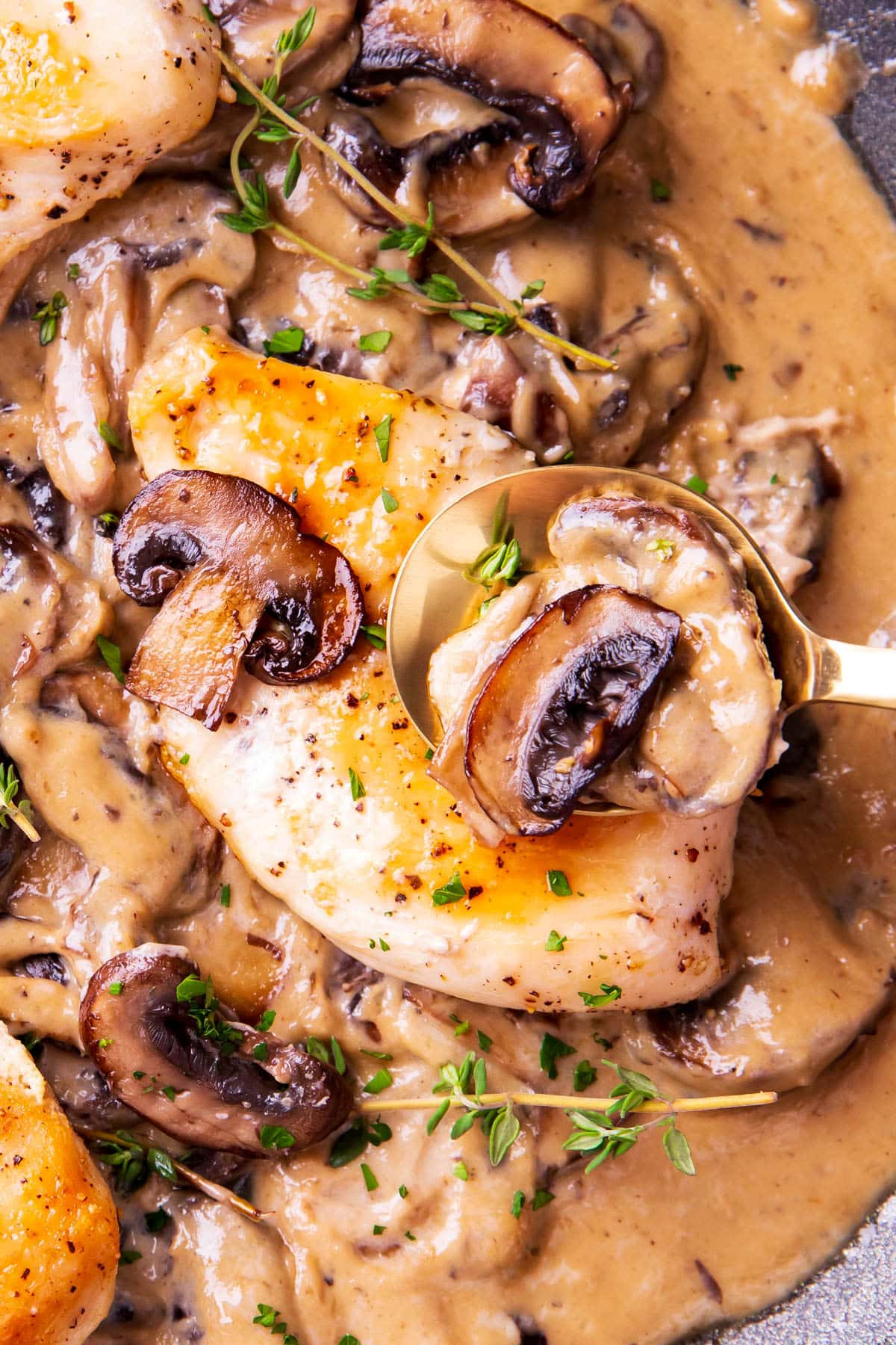 Close up of someone spooning chicken breast with creamy mushroom sauce in this creamy chicken and mushroom skillet.