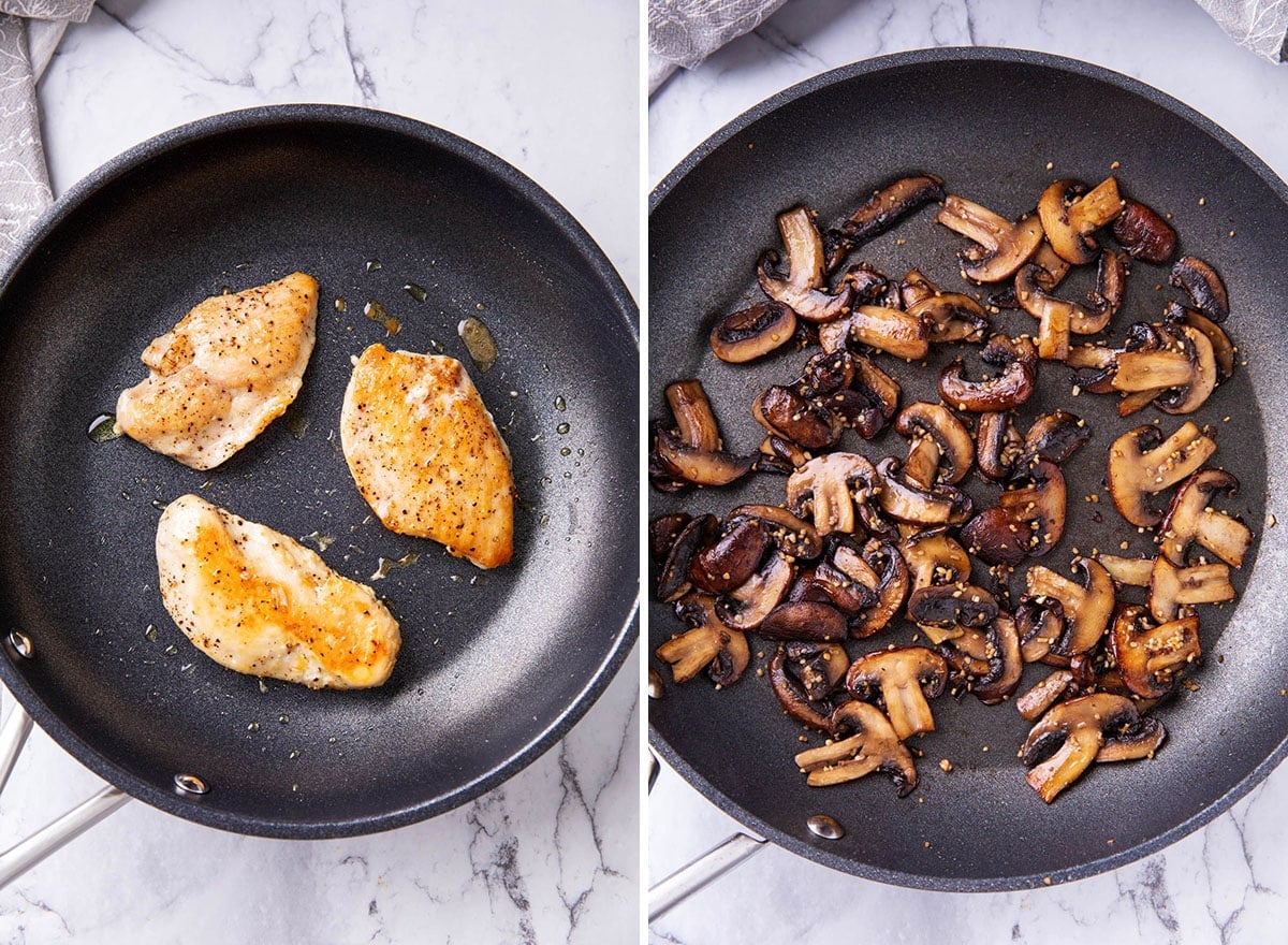 Two photos showing How to Make Chicken Mushroom - cooking chicken breasts and sauteeing mushrooms.
