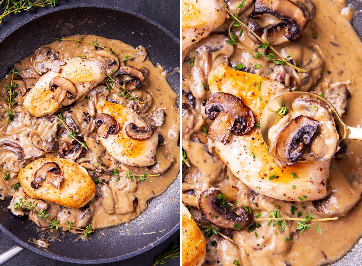Two photos showing how to make mushroom chicken - creamy chicken sitting in mushroom sauce and spooning sauce over chicken.
