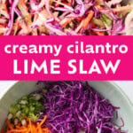 Creamy Cilantro Lime Slaw for Shrimp Tacos Pinterest image.