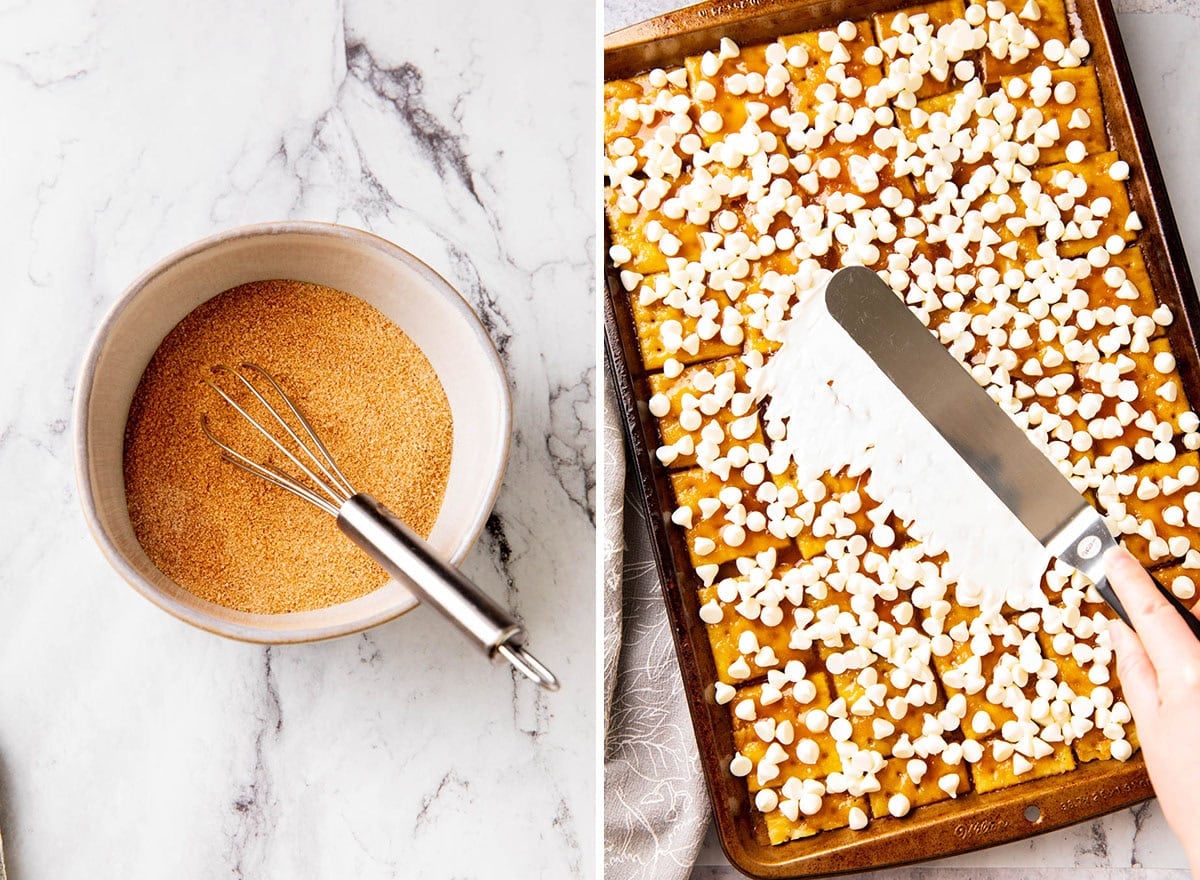 Two photos showing how to make churro crack - mixing cinnamon sugar topping in a bowl and spreading melted white chocolate over toffee coated saltine crackers.