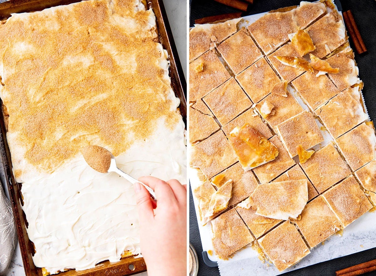 Two photos showing how to make churro crack - sprinkling cinnamon sugar over white chocolate topping and sliced churro crack.