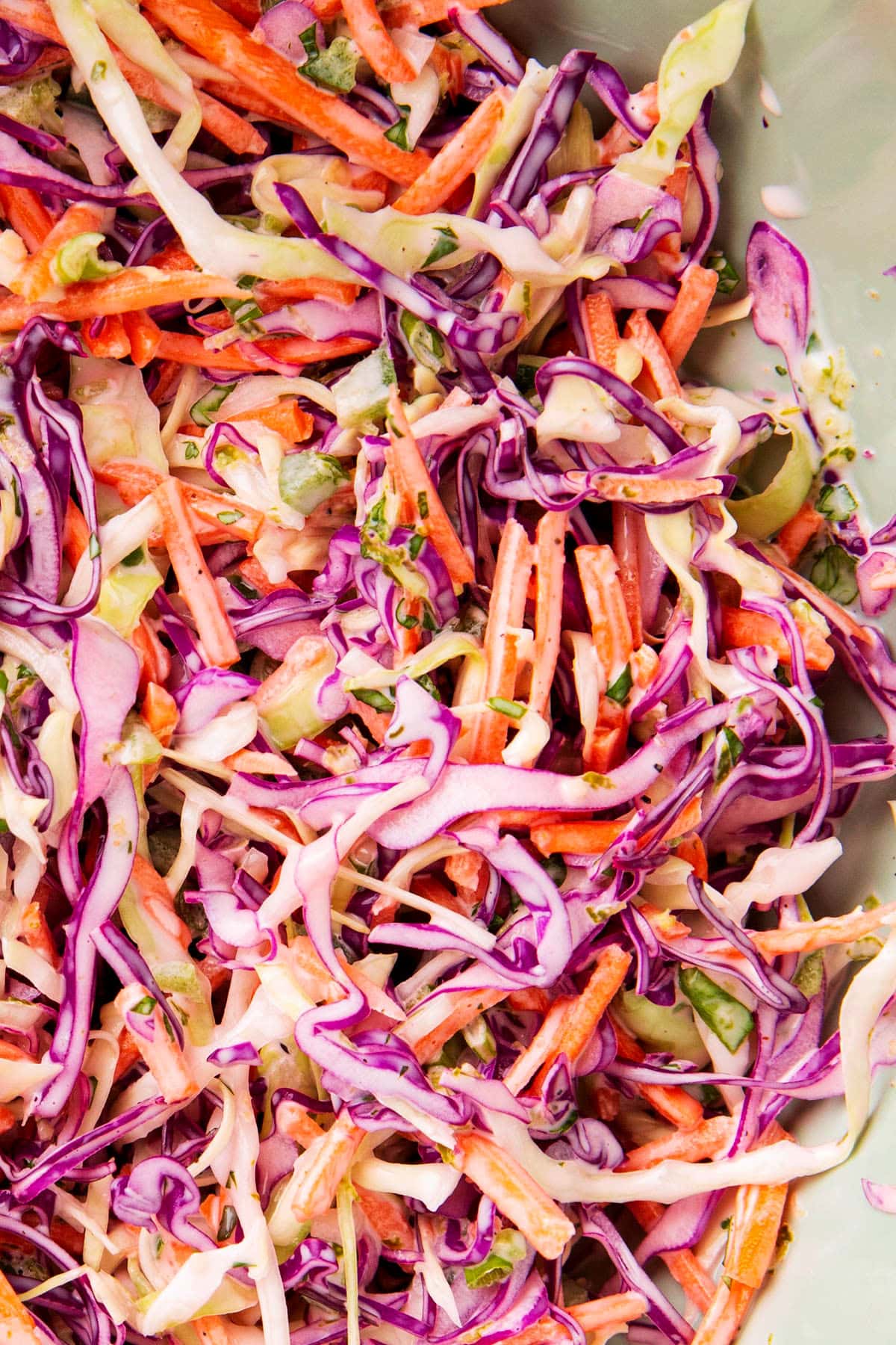Close up of cilantro lime slaw for shrimp tacos includes colorful ingredients that are fresh, crisp and creamy -- perfect for fish tacos