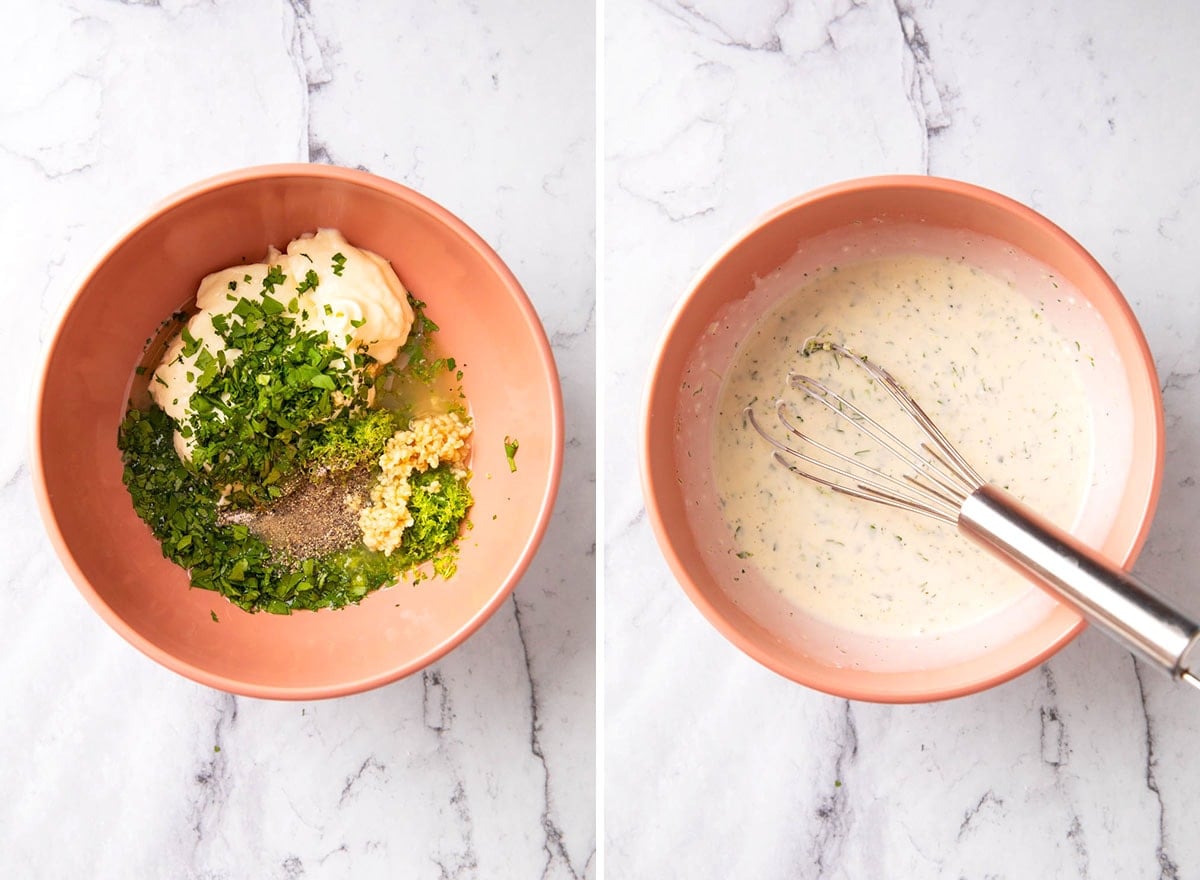 Two photos showing How to Make Cilantro Lime Slaw - whisking mayonnaise, lime juice, cilantro, and seasonings in a bowl to make dressing