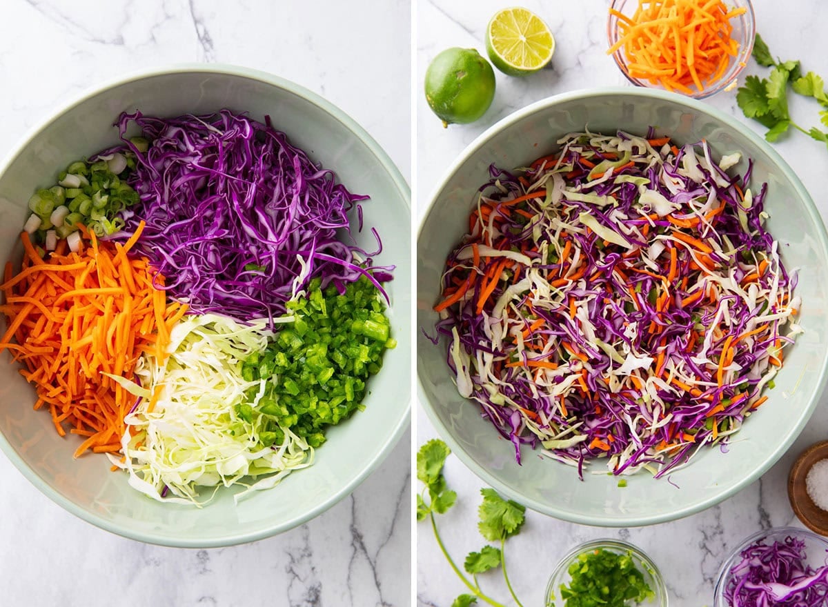 Two photos showing How to Make Cilantro Lime Cole Slaw - placing red and green cabbage, carrots, green onions, and jalapeños in a large mixing bowl and mixing together